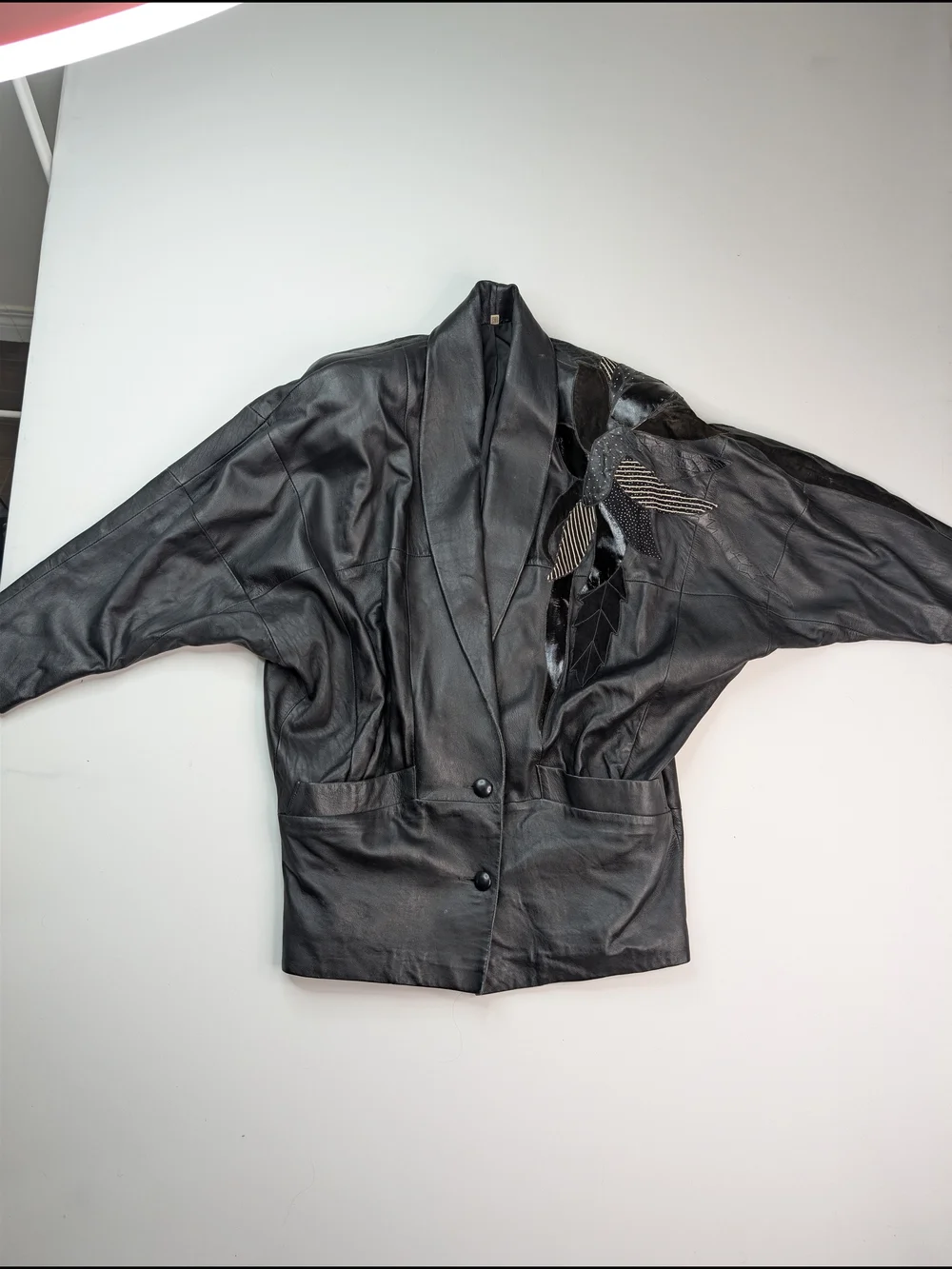 Vintage Black Women's Leather Button-Front Jacket with Embellished Shoulder - Picture 2 of 8